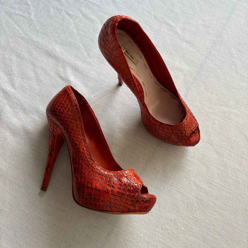 Miu Miu Python Embossed Peep Toe Platform Heels O… - image 1